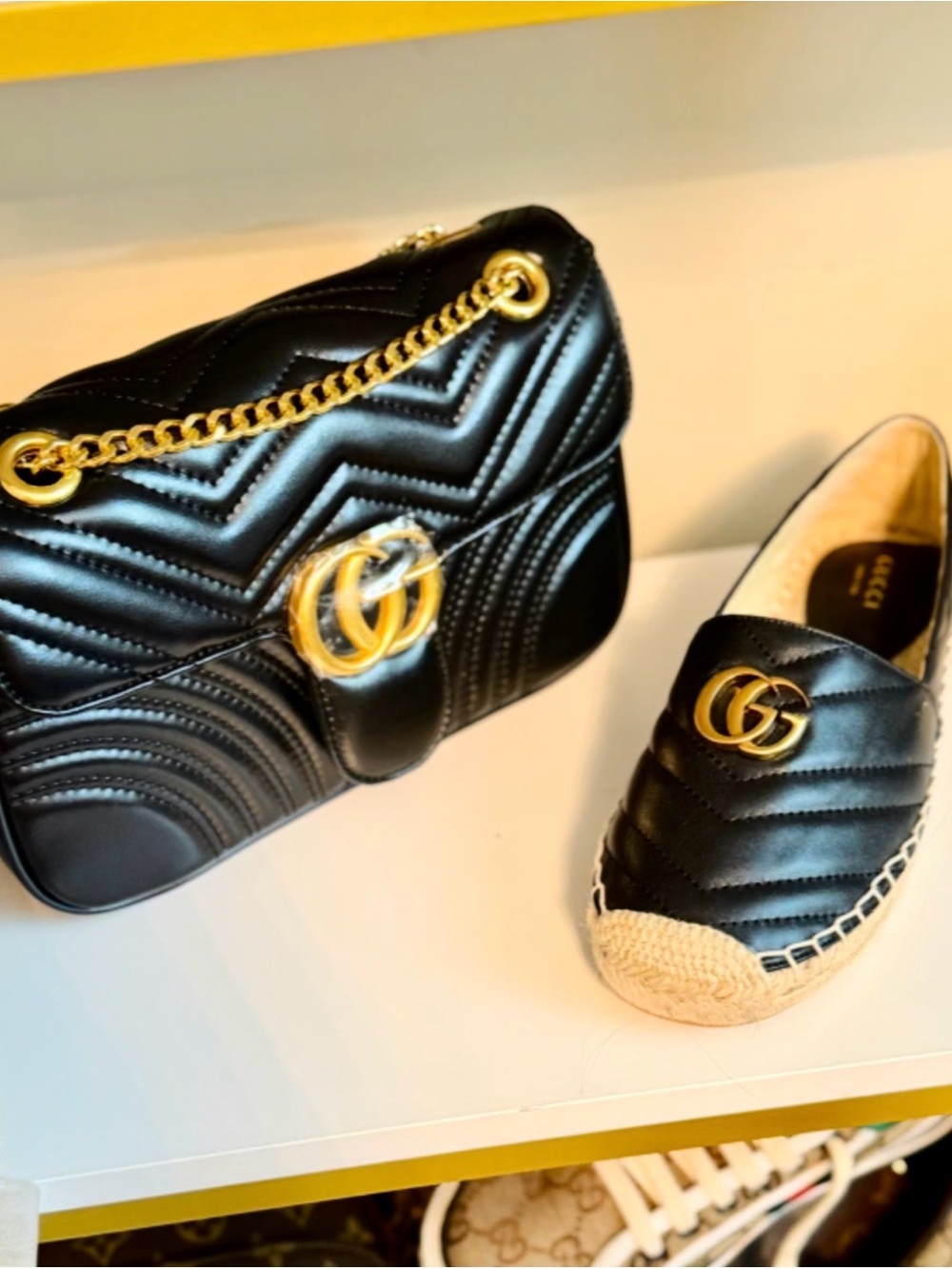 Source Unknown Black Quilted Espadrille Loafers with Matching black handbag